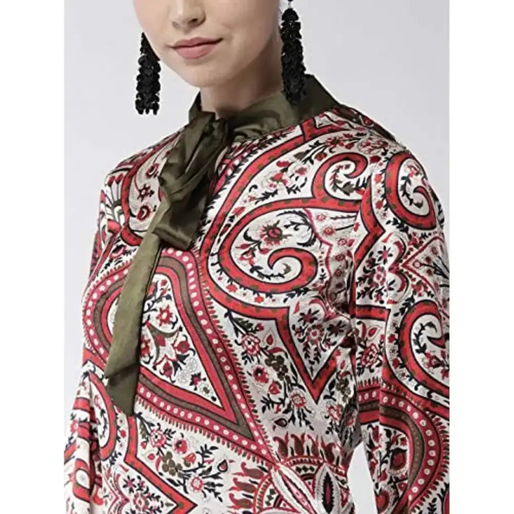 StyleStone Women's Red Paisley Print Olive Necktie Dress