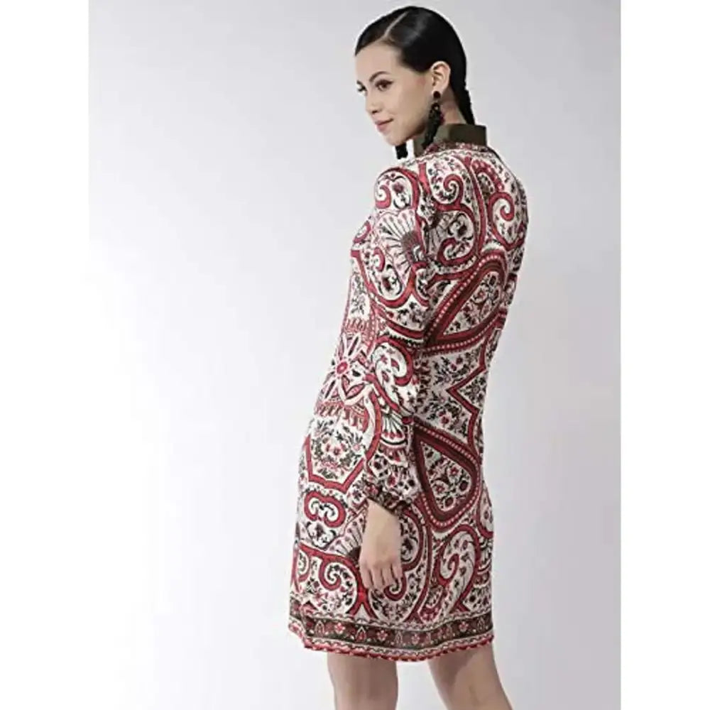 StyleStone Women's Red Paisley Print Olive Necktie Dress