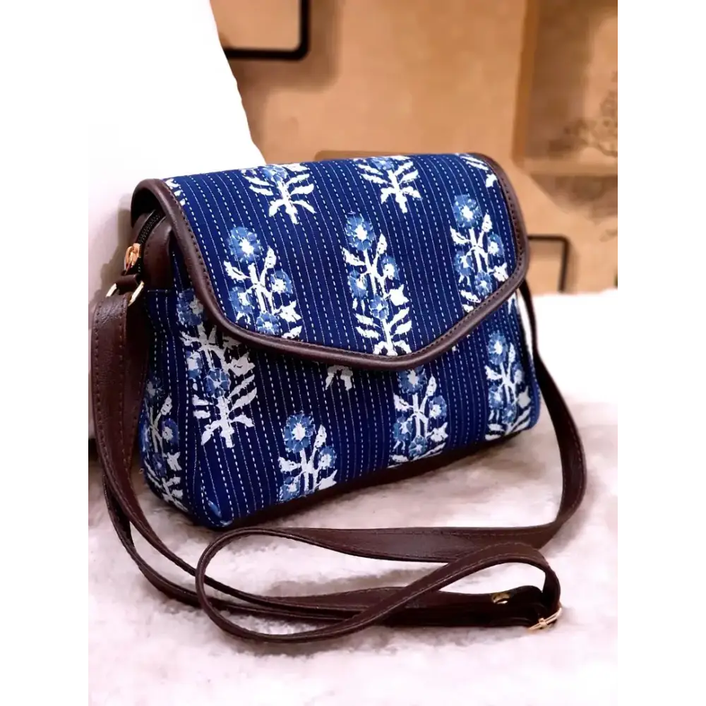 Stylish Cotton Royal Blue Floral Print Sling Bag For Women