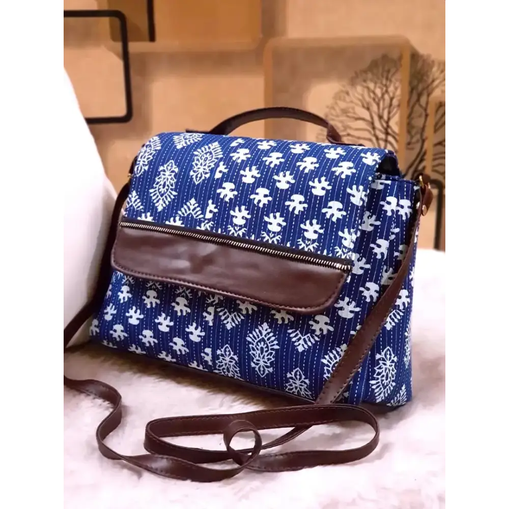 Stylish Cotton Royal Blue Printed Sling Bag For Women