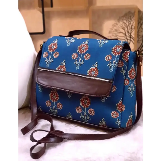 Stylish Cotton Teal Blue Floral Print Sling Bag For Women