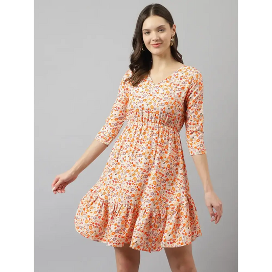 Stylish Orange Polyester Floral Printed Fit And Flare Dress For Women