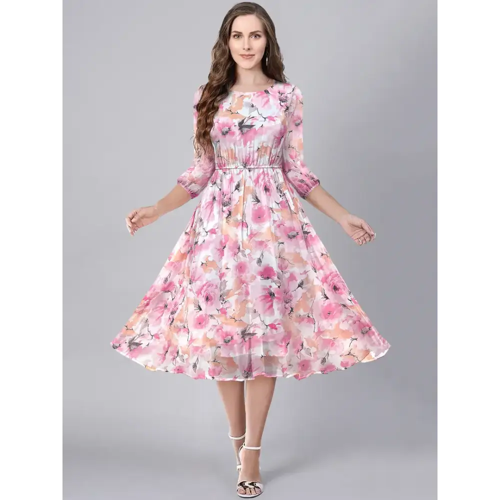 Stylish Pink Georgette Floral Printed Fit And Flare Dress For Women