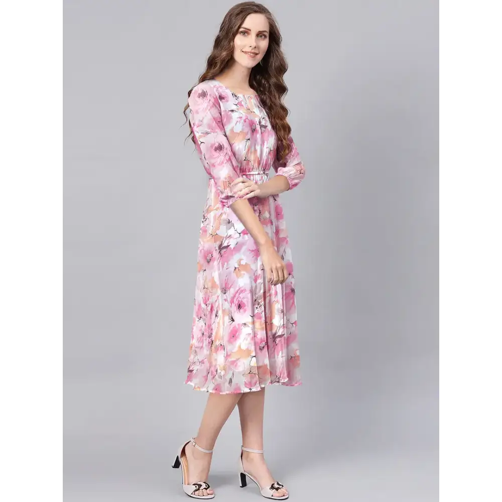 Stylish Pink Georgette Floral Printed Fit And Flare Dress For Women