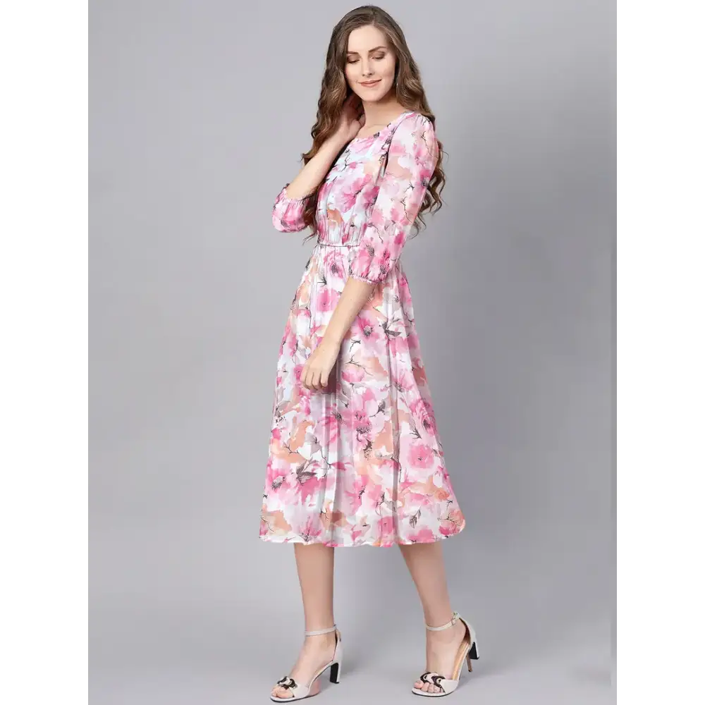 Stylish Pink Georgette Floral Printed Fit And Flare Dress For Women