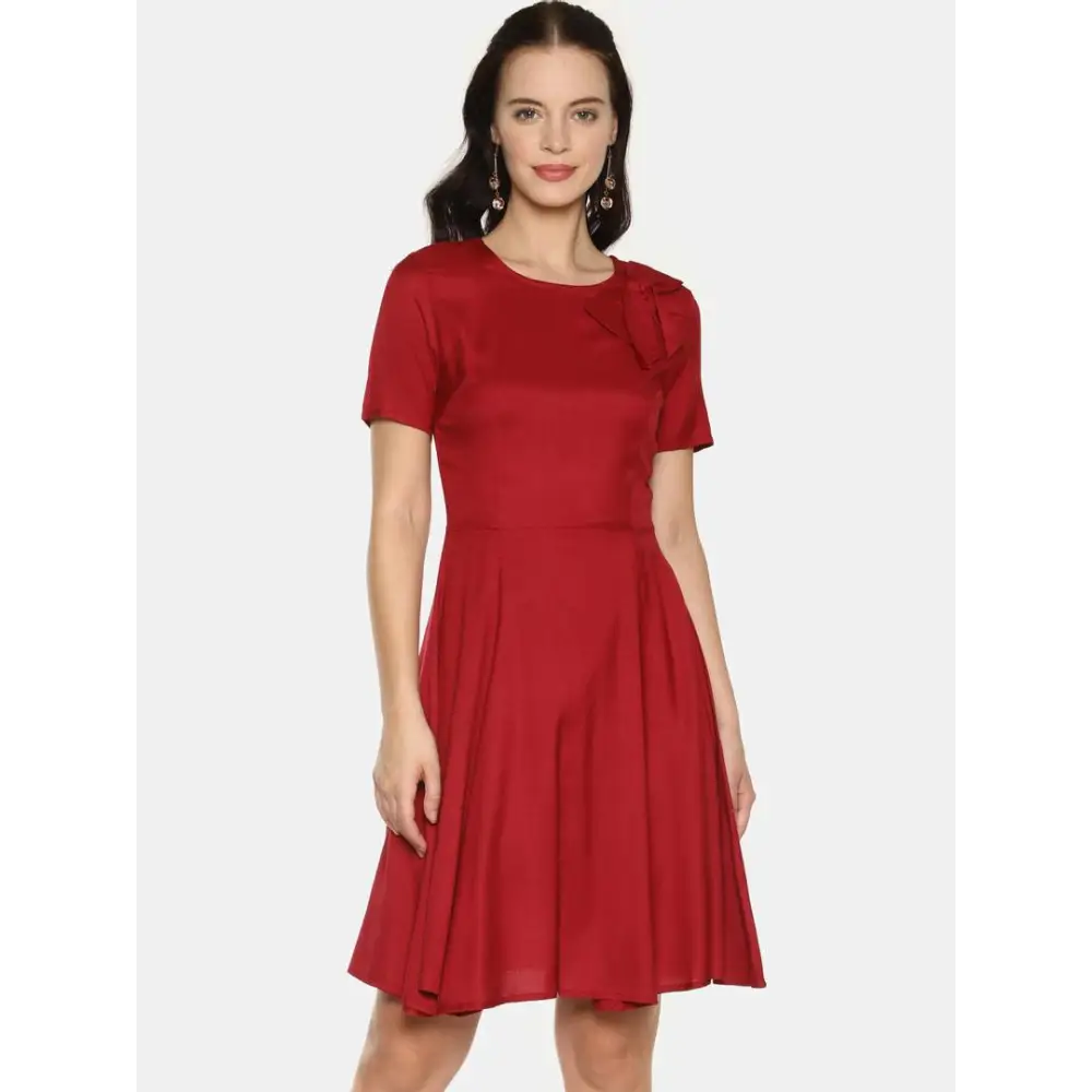 Stylish Rayon Maroon Solid Short Sleeves Bowknot Neck Dress For WomenSaumyasStore