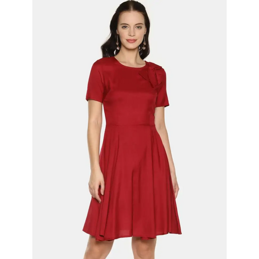 Stylish Rayon Maroon Solid Short Sleeves Bowknot Neck Dress For WomenSaumyasStore