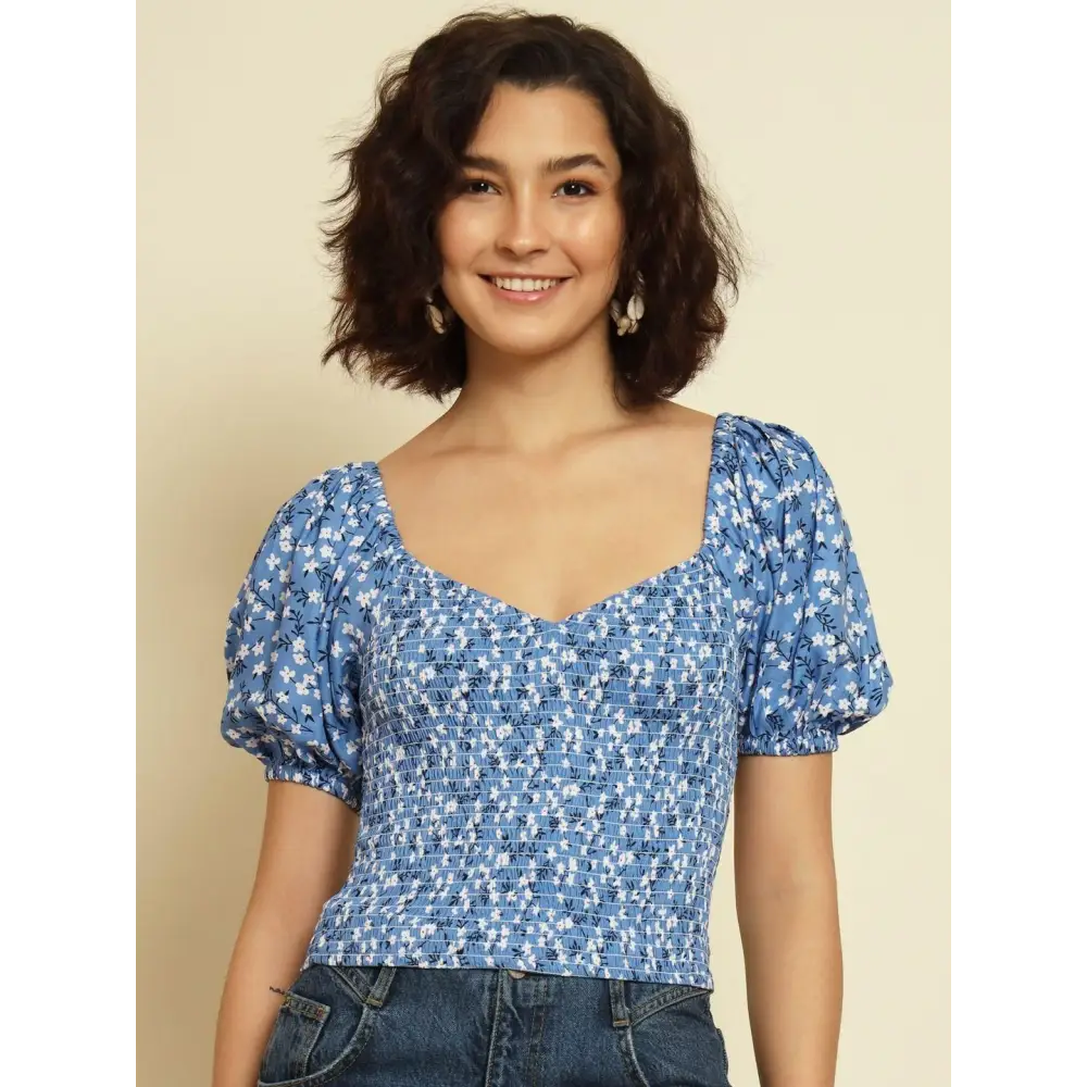 TRENDARREST Blue Floral Printed Top