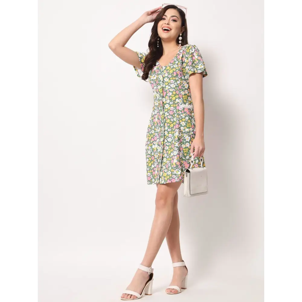 TRENDARREST Women’s Rayon Green Floral Printed Short Dress