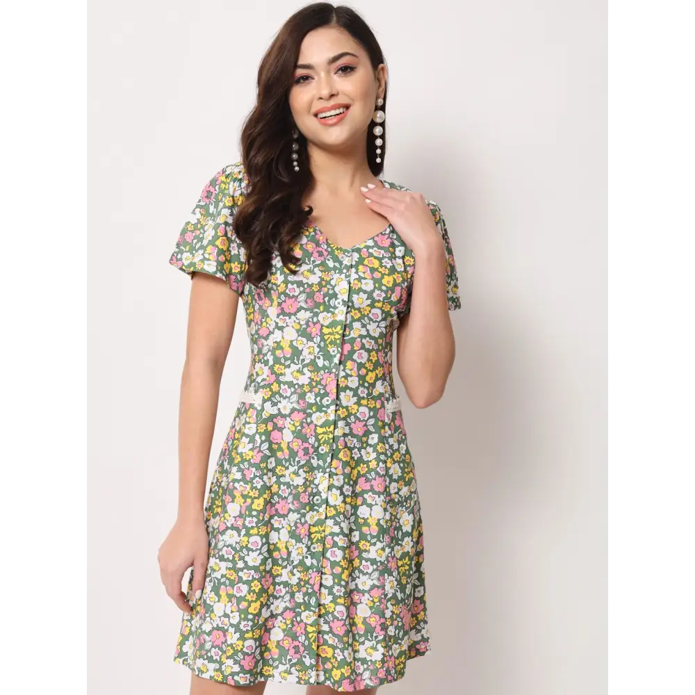 TRENDARREST Women’s Rayon Green Floral Printed Short Dress