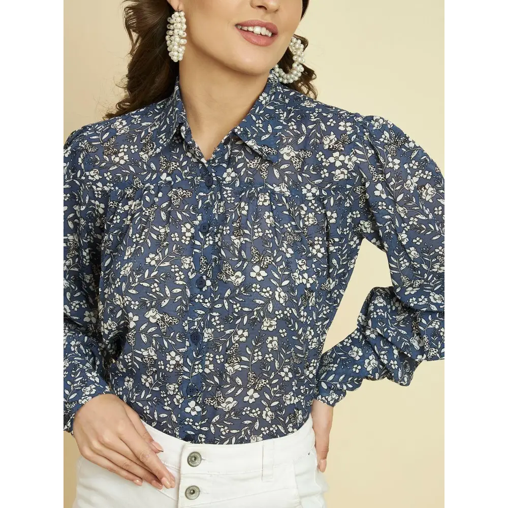 TRRENDARREST Blue Floral Printed Shirt