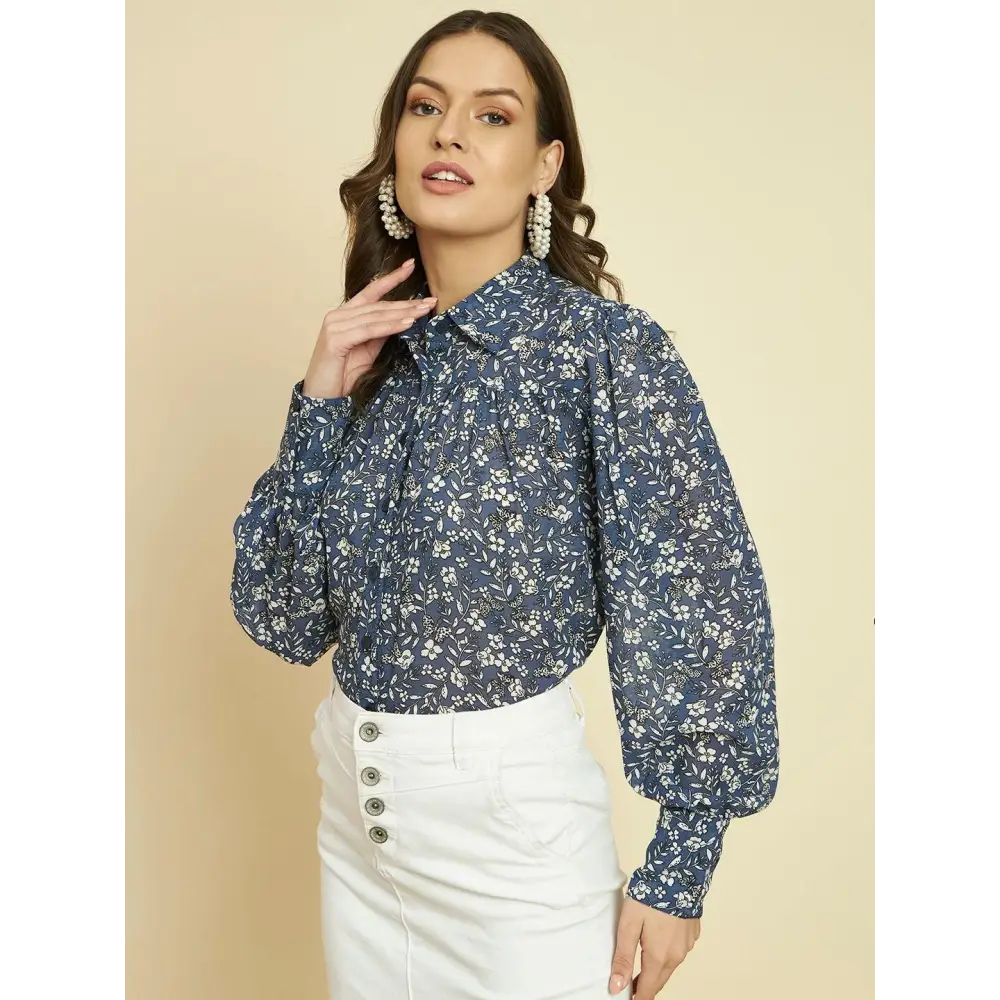 TRRENDARREST Blue Floral Printed Shirt