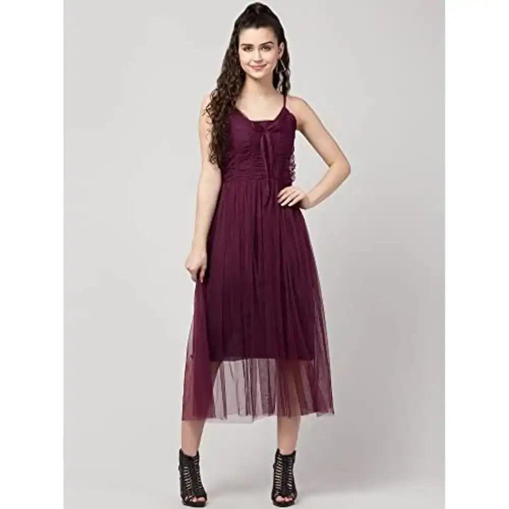 Teekhi Girl Women's Solid Net Casual Sleeveless A-Line Dress (Wine)