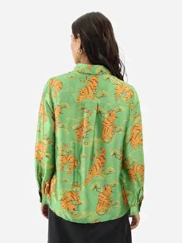 The Souled Store Folk Tiger Women and Girls Long Sleeve Collared Neck Button Down All Over Print Polyester Shirts Green SaumyasStore