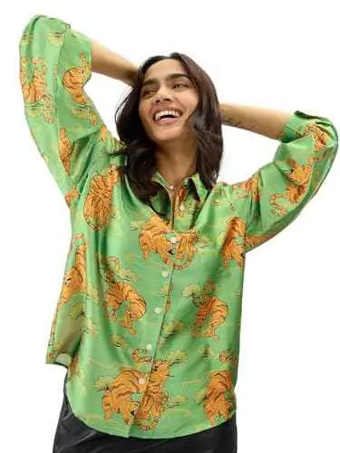 The Souled Store Folk Tiger Women and Girls Long Sleeve Collared Neck Button Down All Over Print Polyester Shirts Green SaumyasStore