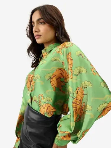 The Souled Store Folk Tiger Women and Girls Long Sleeve Collared Neck Button Down All Over Print Polyester Shirts Green SaumyasStore