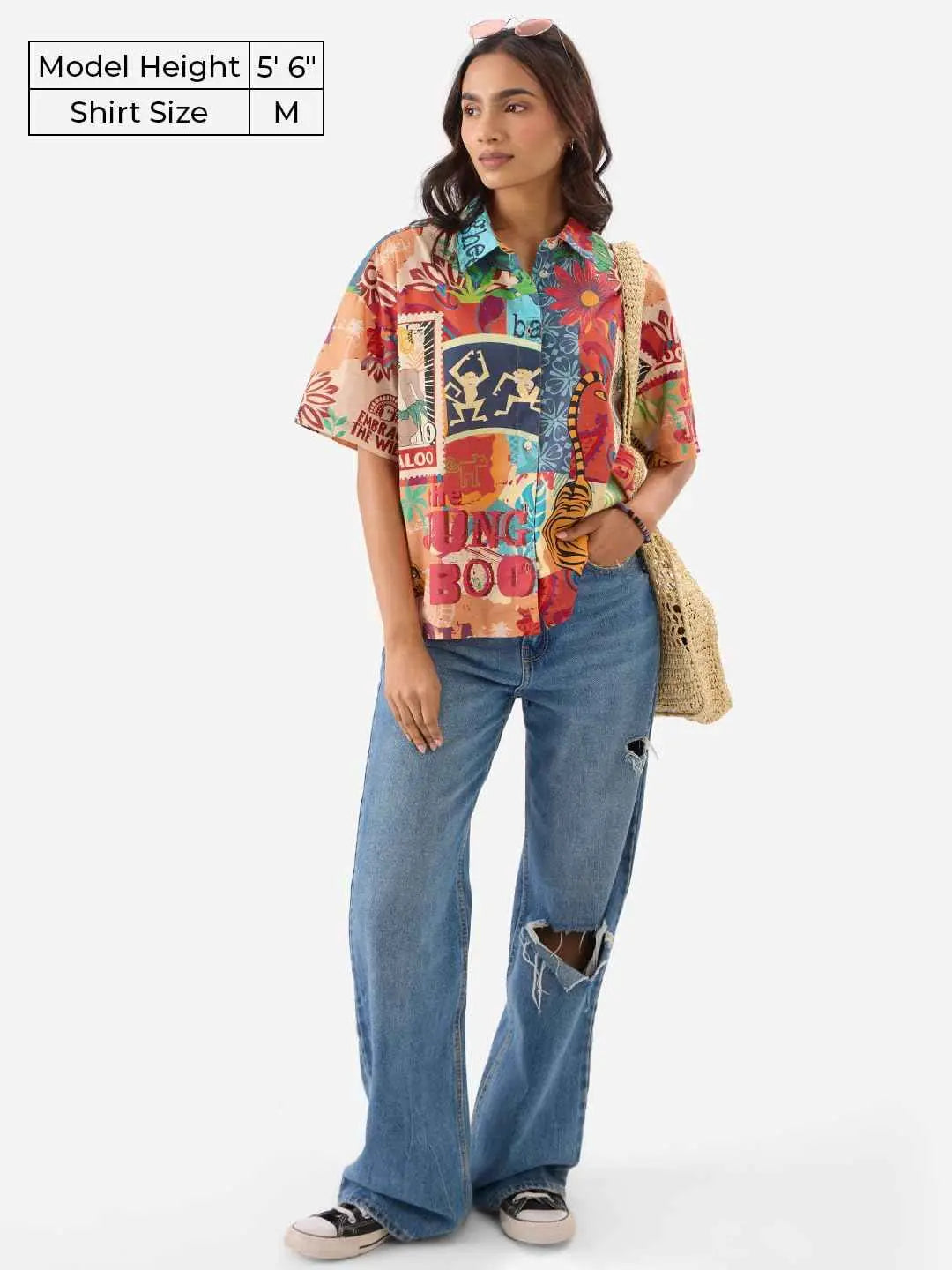 The Souled Store Official Jungle Book: Indie Vibe Women and Girls Short Sleeve Collared Neck Buttoned Front Oversized Fit Cotton Summer Shirts Multicolour SaumyasStore