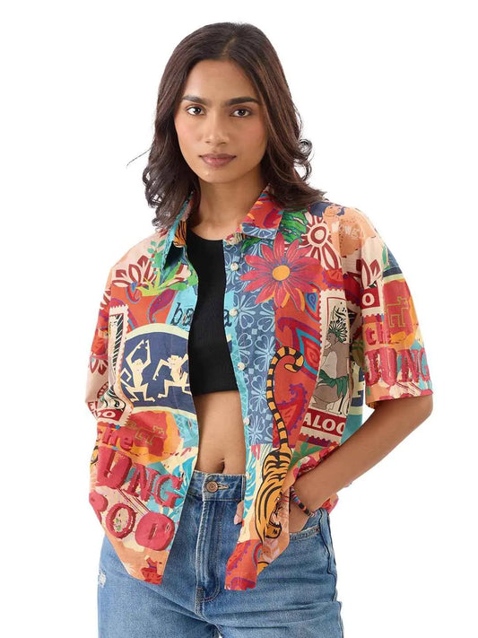 The Souled Store Official Jungle Book: Indie Vibe Women and Girls Short Sleeve Collared Neck Buttoned Front Oversized Fit Cotton Summer Shirts Multicolour SaumyasStore