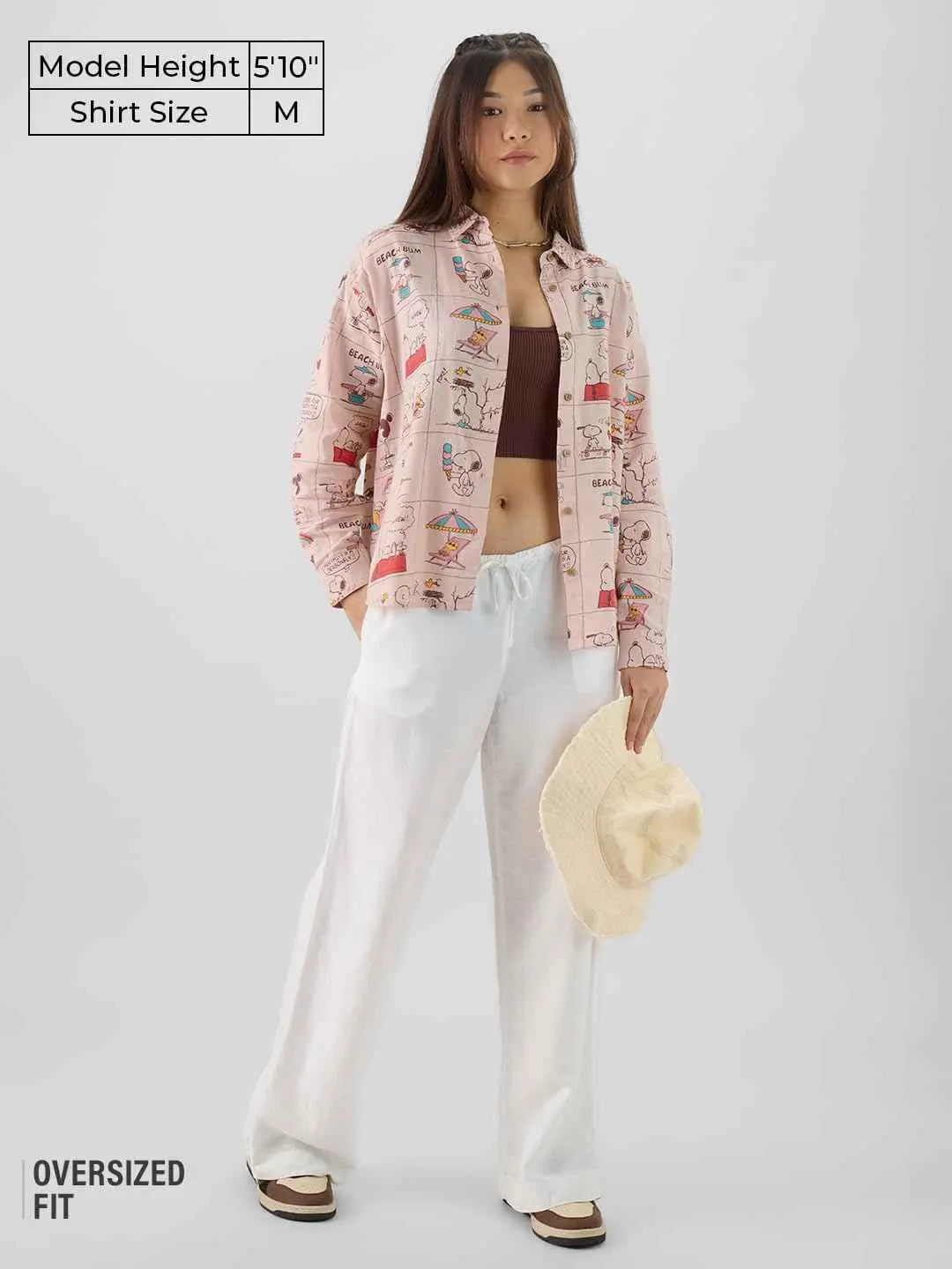 The Souled Store Official Peanuts: Beach Bum Women and Girls Long Sleeve Collared Neck Pink All Over Printed Cotton Boyfriend Shirts SaumyasStore