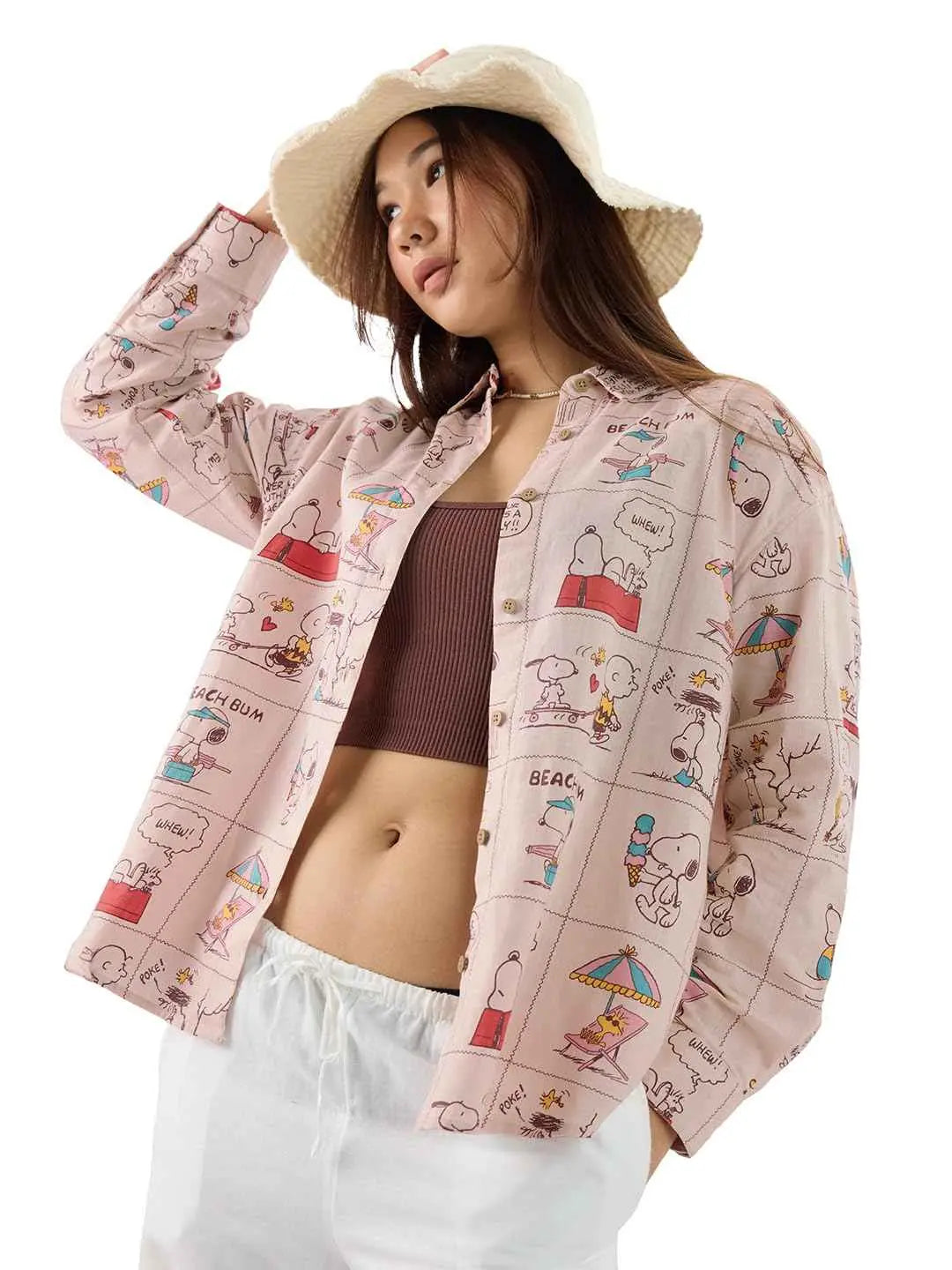 The Souled Store Official Peanuts: Beach Bum Women and Girls Long Sleeve Collared Neck Pink All Over Printed Cotton Boyfriend Shirts SaumyasStore