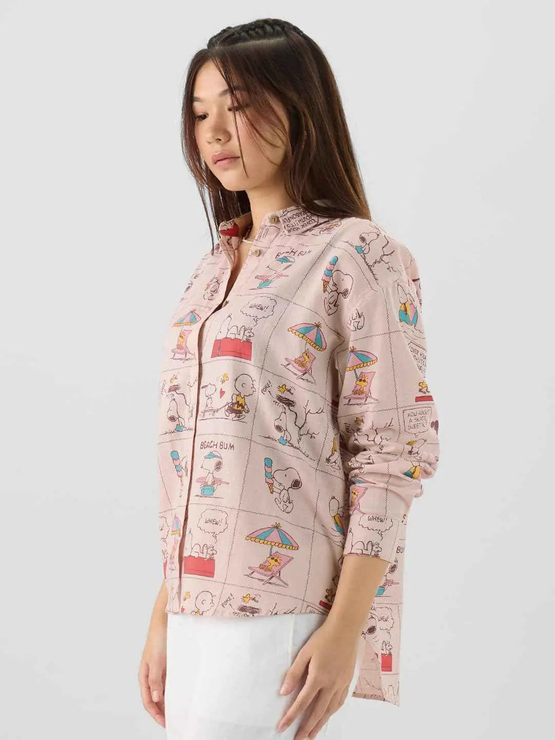 The Souled Store Official Peanuts: Beach Bum Women and Girls Long Sleeve Collared Neck Pink All Over Printed Cotton Boyfriend Shirts SaumyasStore
