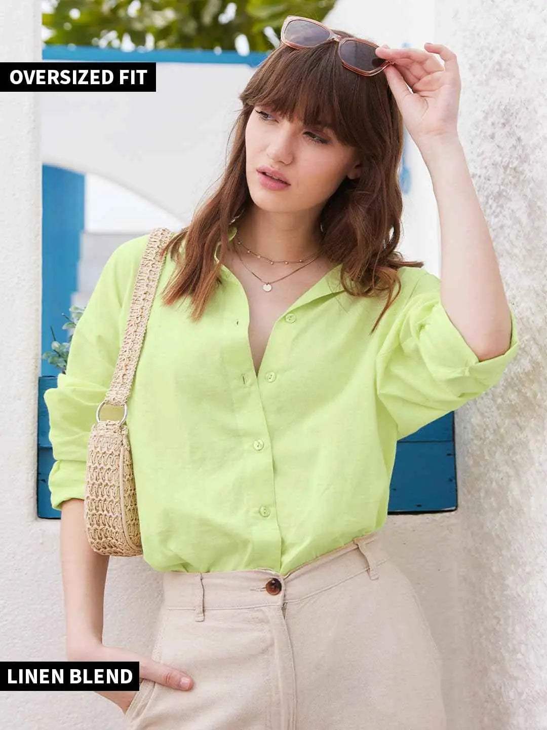 The Souled Store Solids: Lime Women and Girls Loose fit Full Sleeve Cotton and Linen Yellow Color Women Boyfriend Shirts SaumyasStore