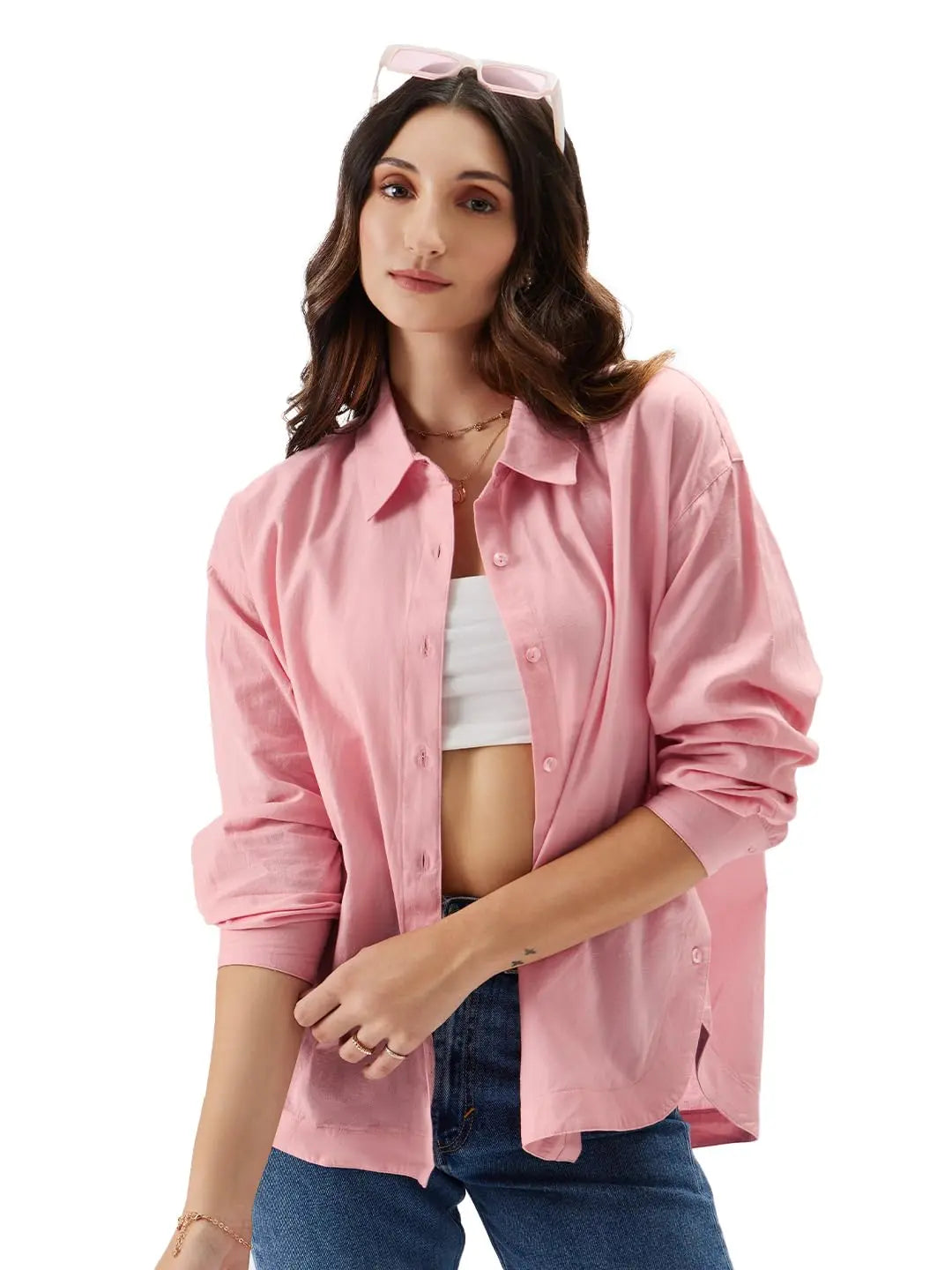 The Souled Store Solids: Pink Women and Girls Loose fit Full Sleeve Cotton and Linen Pink Color Women Boyfriend Shirts SaumyasStore