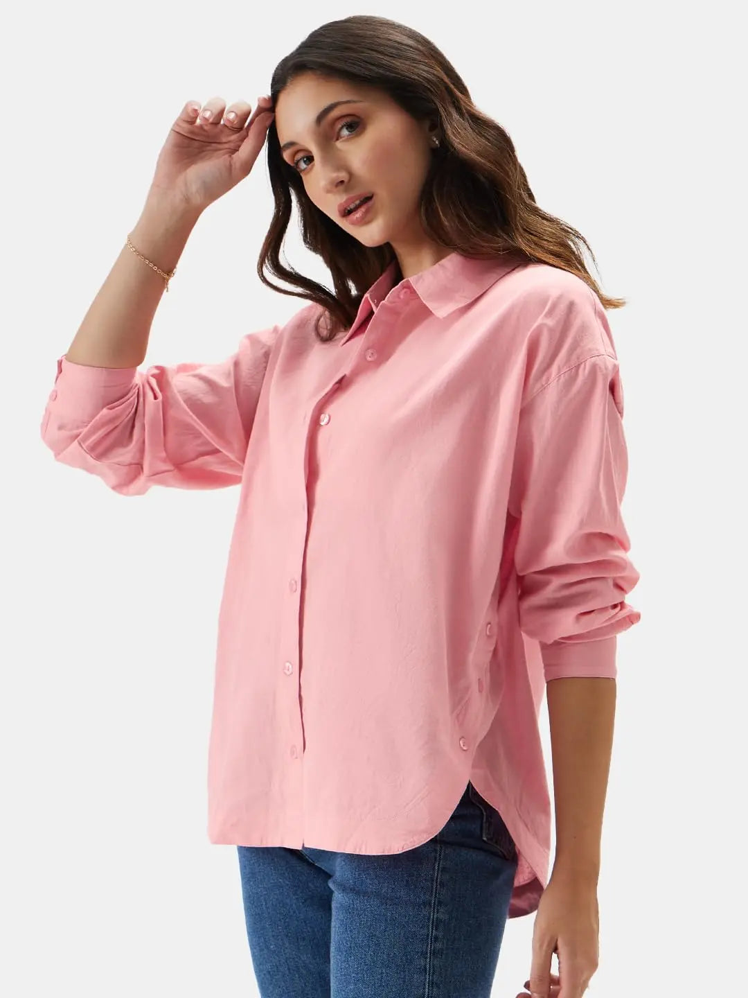 The Souled Store Solids: Pink Women and Girls Loose fit Full Sleeve Cotton and Linen Pink Color Women Boyfriend Shirts SaumyasStore