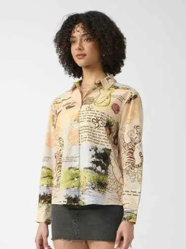 The Souled Store Winnie The Pooh: Wonderland Women and Girls Long Sleeves Collared Neck Button Front Beige Printed Regular Fit Cotton Shirts SaumyasStore