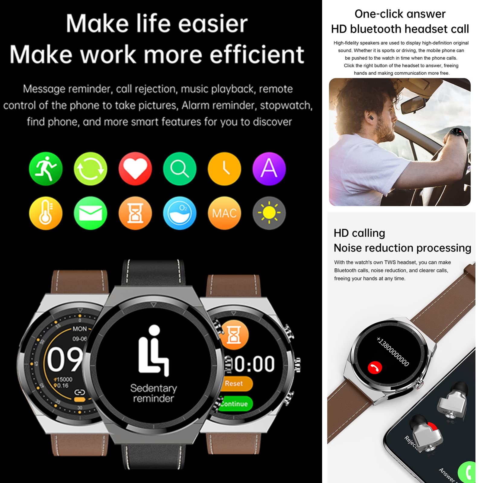 Tuanzi JM08 2 in 1 Smart Watch with Earbuds 1.28" Smartwatch TWS HiFi Stereo Wireless Headset Combo Bluetooth Phone Call for Android iOS (Silver Steel+Silicone) SaumyasStore