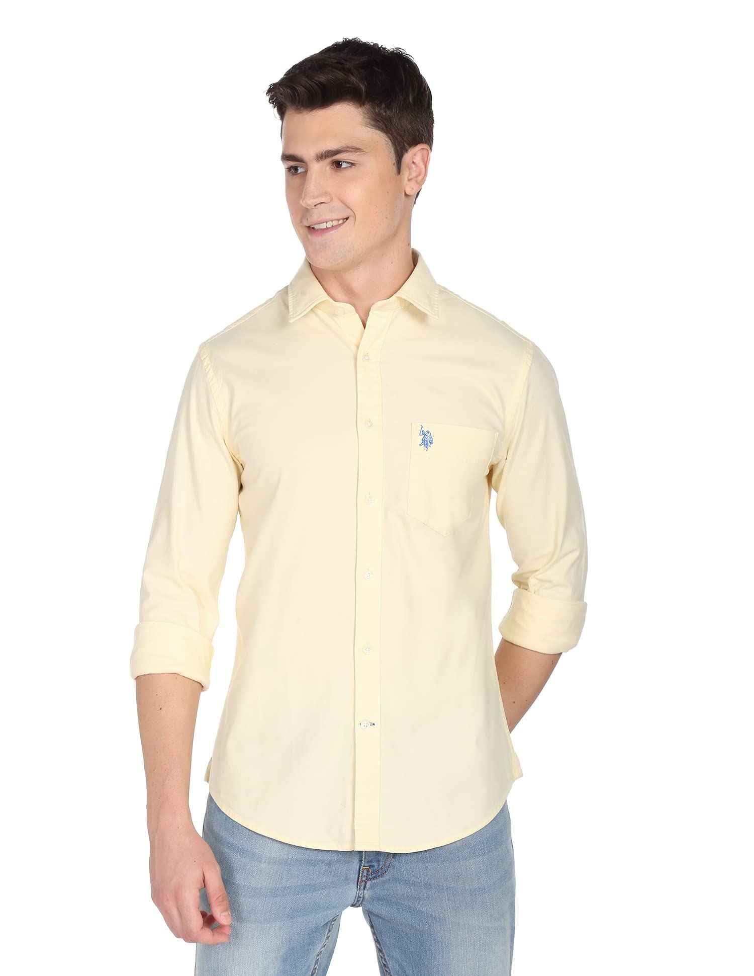U.S. POLO ASSN. Men's Regular Fit Solid Oxford Fs Shirts  (Usshtfx0015_Yellow_XL)