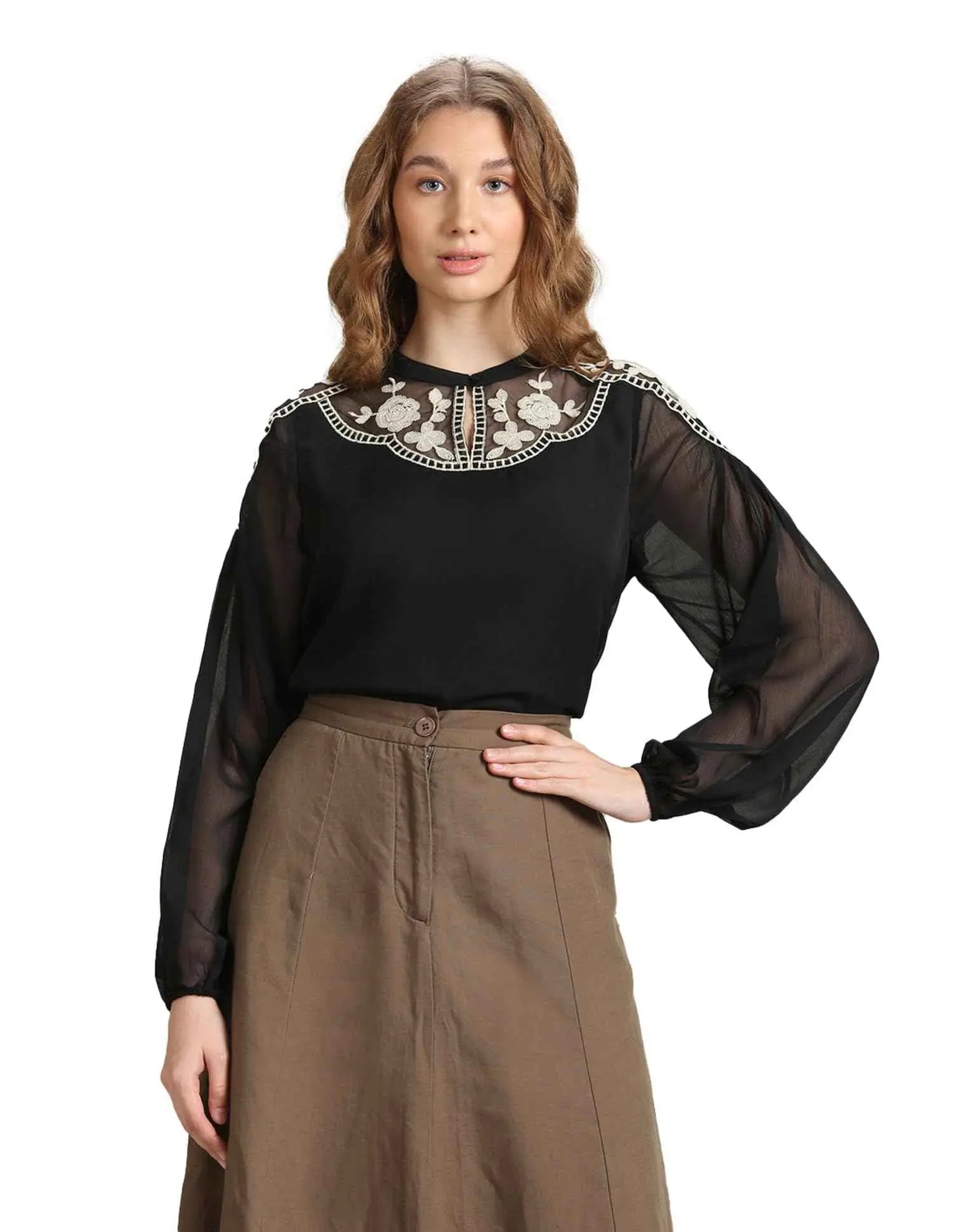 U.S. POLO ASSN. Women's Placement Lace Embroidery Top (UWAW23TOP013_Black_M) SaumyasStore