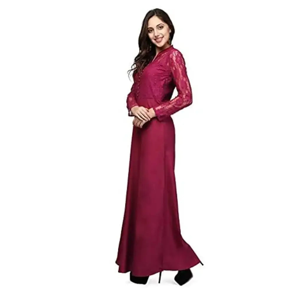 V&M Pink Lace Empire Waist Front Button Design A-line Long Indo Westen Dress for Women (vm58)