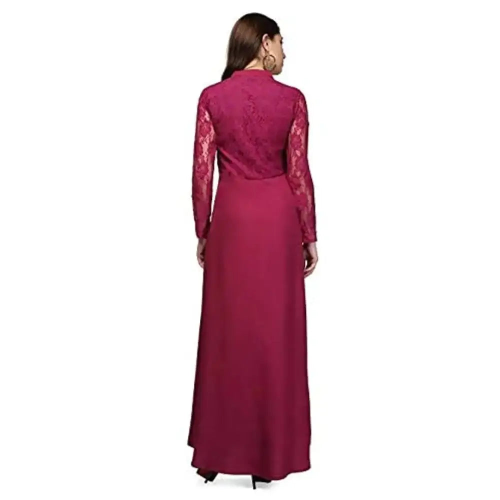 V&M Pink Lace Empire Waist Front Button Design A-line Long Indo Westen Dress for Women (vm58)