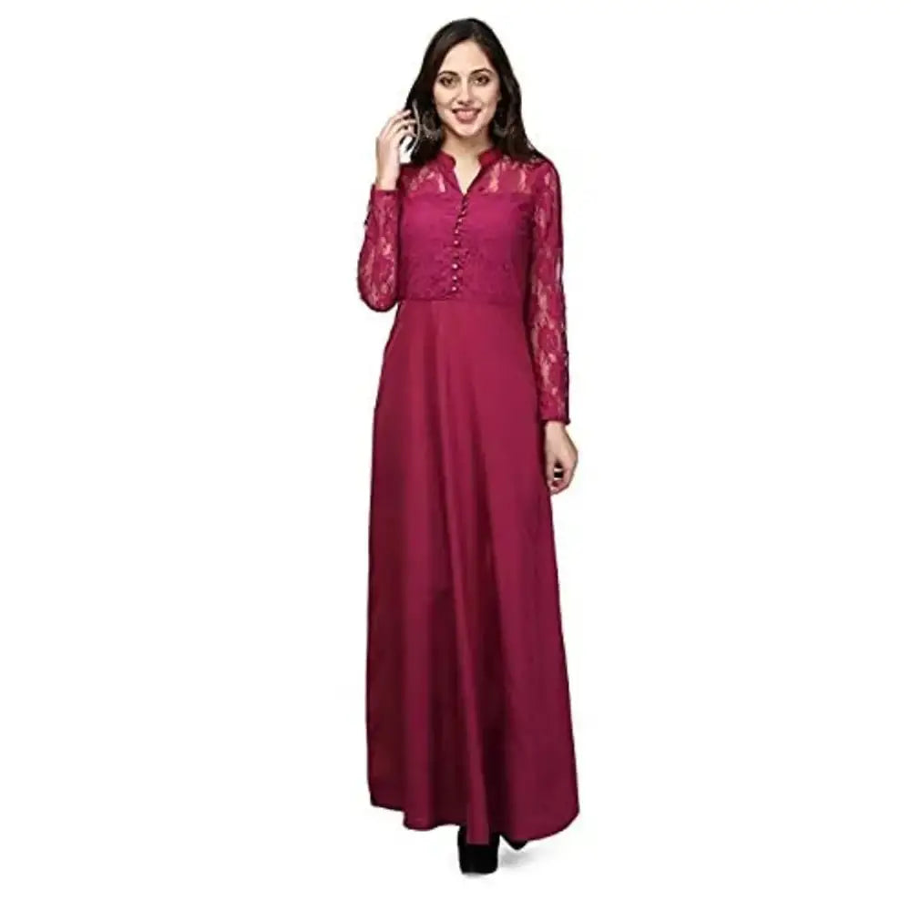 V&M Pink Lace Empire Waist Front Button Design A-line Long Indo Westen Dress for Women (vm58)