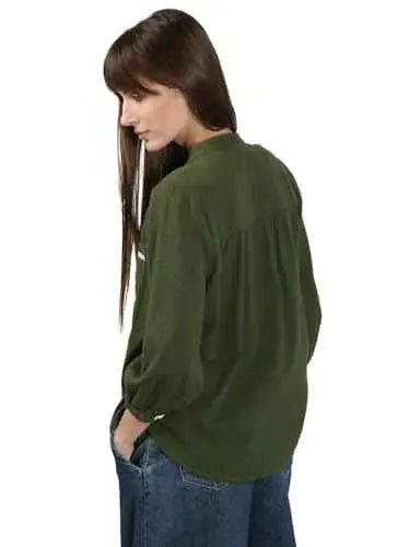VERO MODA Women's Cotton Regular Fit Green Shirt SaumyasStore