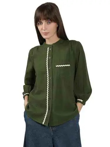 VERO MODA Women's Cotton Regular Fit Green Shirt SaumyasStore