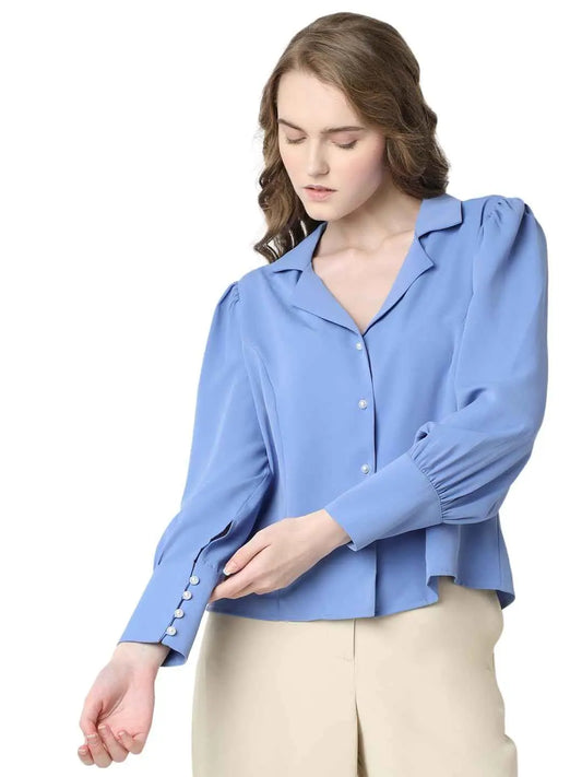 VERO MODA Women's Solid Regular Fit Shirt (10310590- Wedgewood SaumyasStore