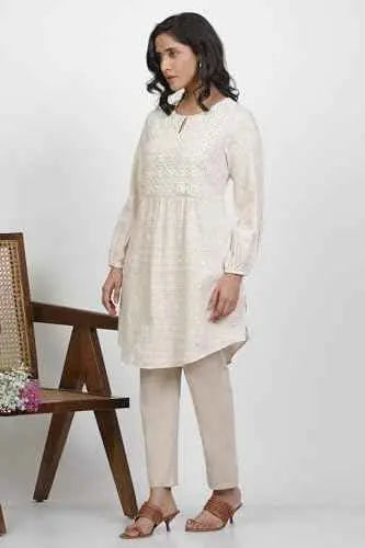 W for Woman Beige Checked Print Cotton Straight Tunic_24FEW30778-830333_XL SaumyasStore