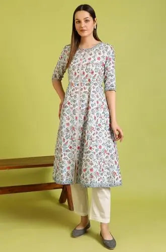 W for Woman Light Blue Floral Printed Pure Cotton Flared Kurta and Pants Set (Size:L)-WS10164 SaumyasStore