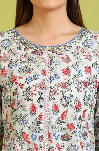 W for Woman Light Blue Floral Printed Pure Cotton Flared Kurta and Pants Set (Size:L)-WS10164 SaumyasStore