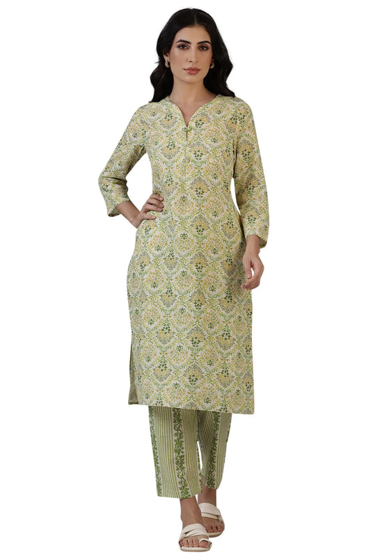 W for Woman Off-White Floral Printed Pure Cotton A-line Kurta and Pants Co-ord Set (Size: L)-WS12336-125449 SaumyasStore