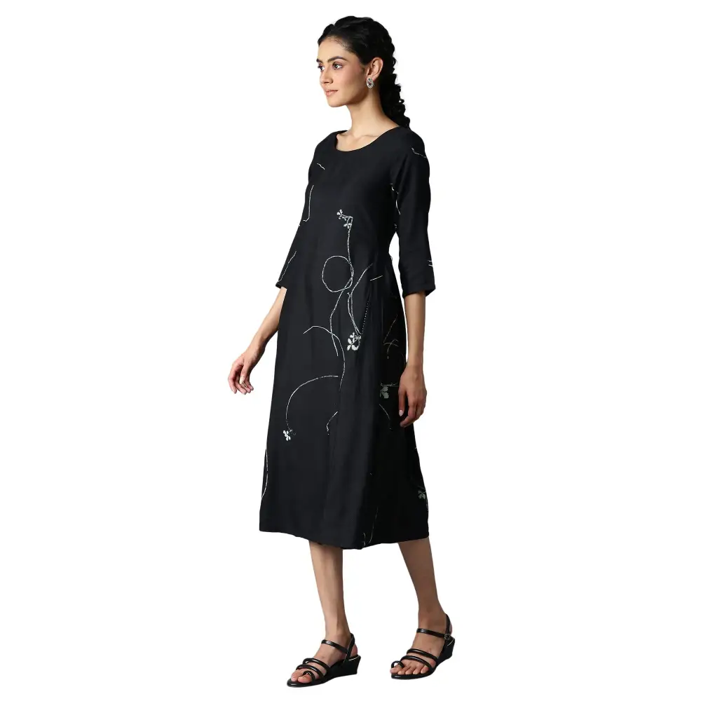 W for Woman Women’s Rayon Jet Black Gathered Dress Below