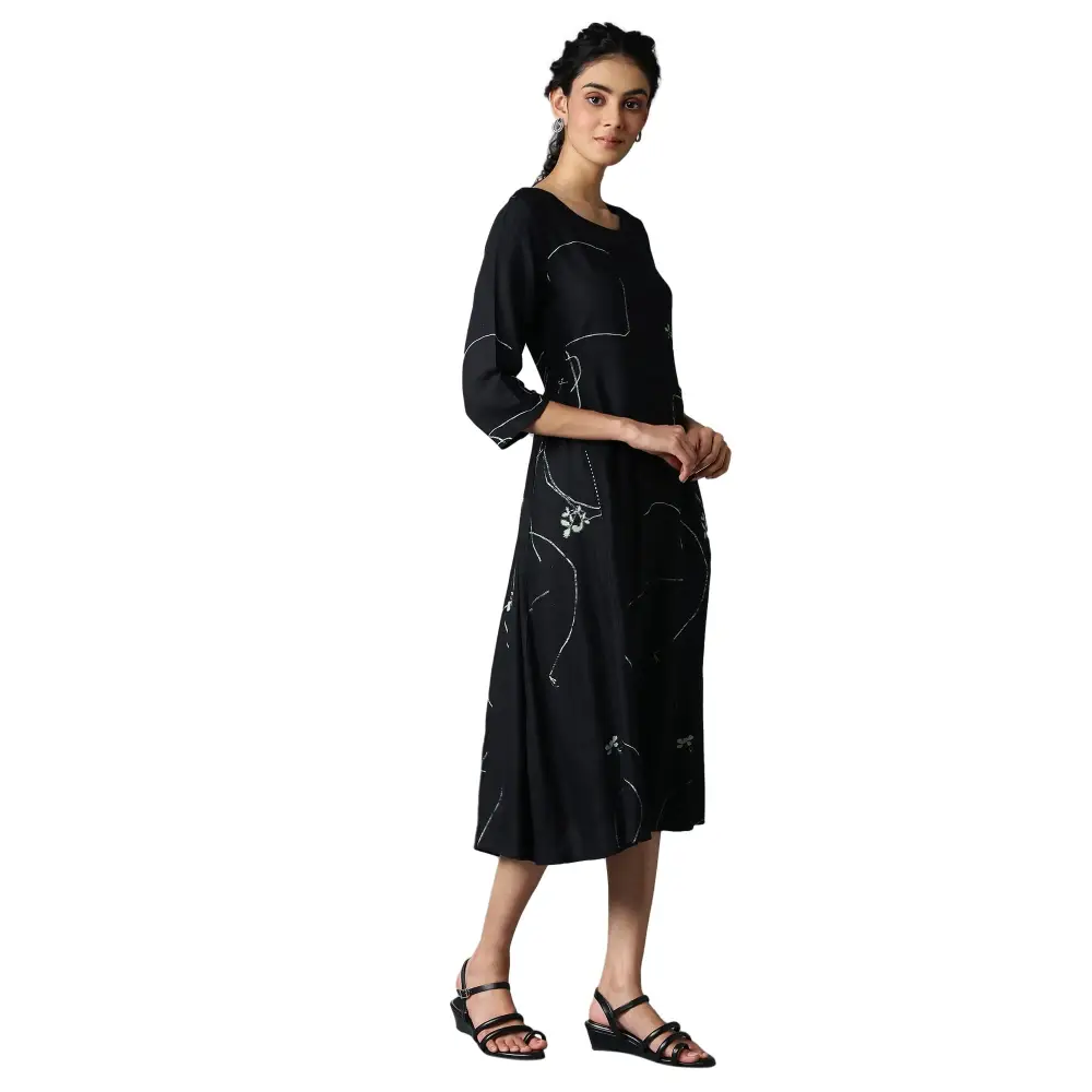 W for Woman Women’s Rayon Jet Black Gathered Dress Below