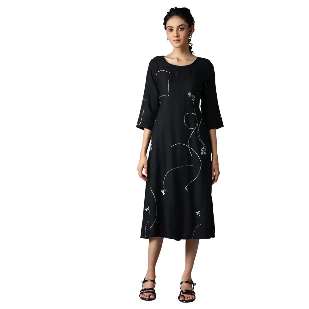 W for Woman Women’s Rayon Jet Black Gathered Dress Below