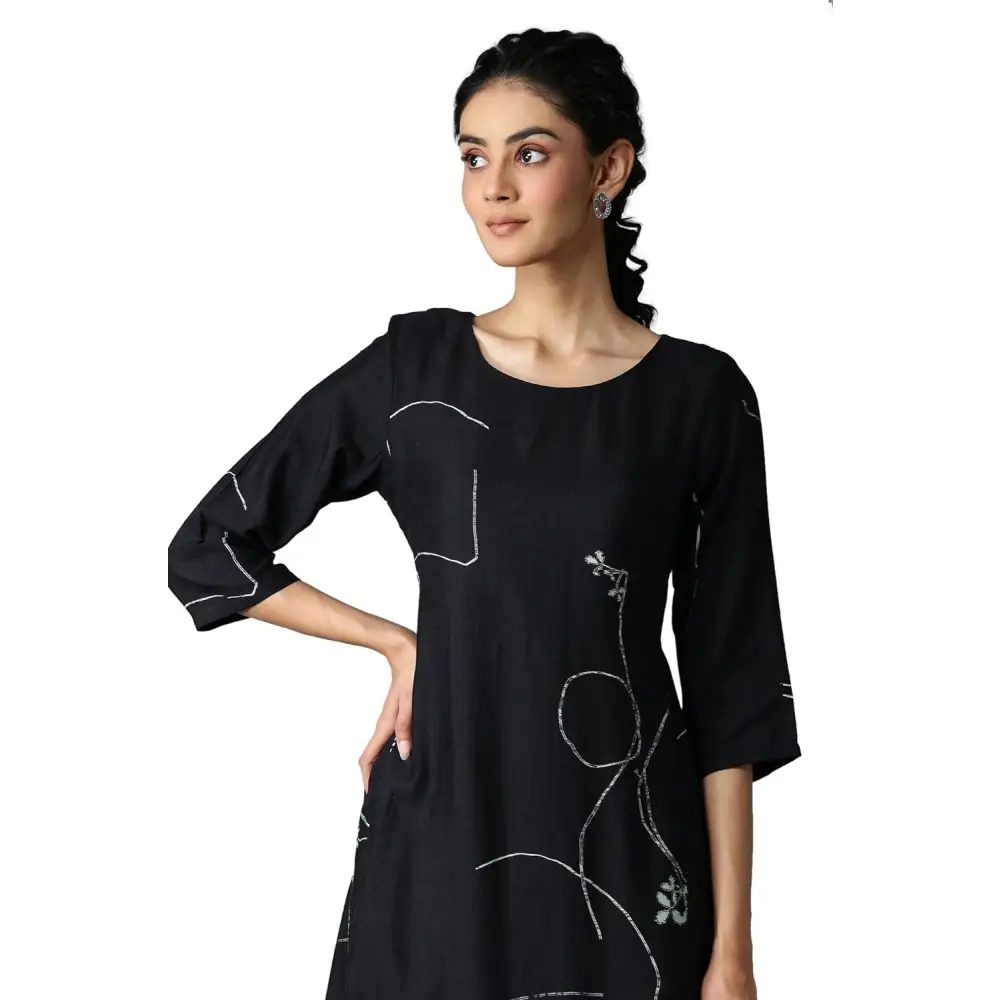 W for Woman Women’s Rayon Jet Black Gathered Dress Below