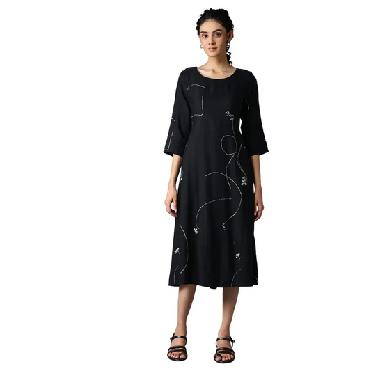 W for Woman Women’s Rayon Jet Black Gathered Dress Below