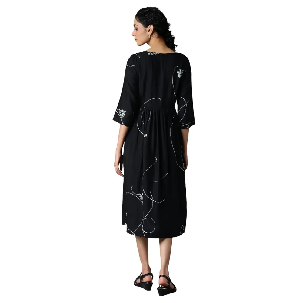 W for Woman Women’s Rayon Jet Black Gathered Dress Below