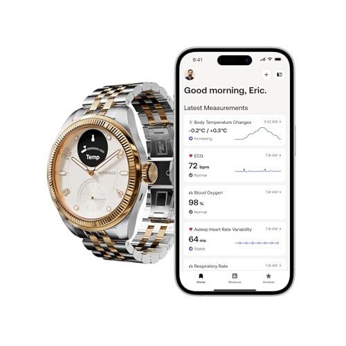 Withings ScanWatch Nova Brilliant, Heart Health Hybrid Unisex Smartwatch- ECG, SPO2, Temperature Monitoring, Sleep, Respiratory Health, Cycle Monitoring, 30-Day Battery Life (Gold-Silver) SaumyasStore