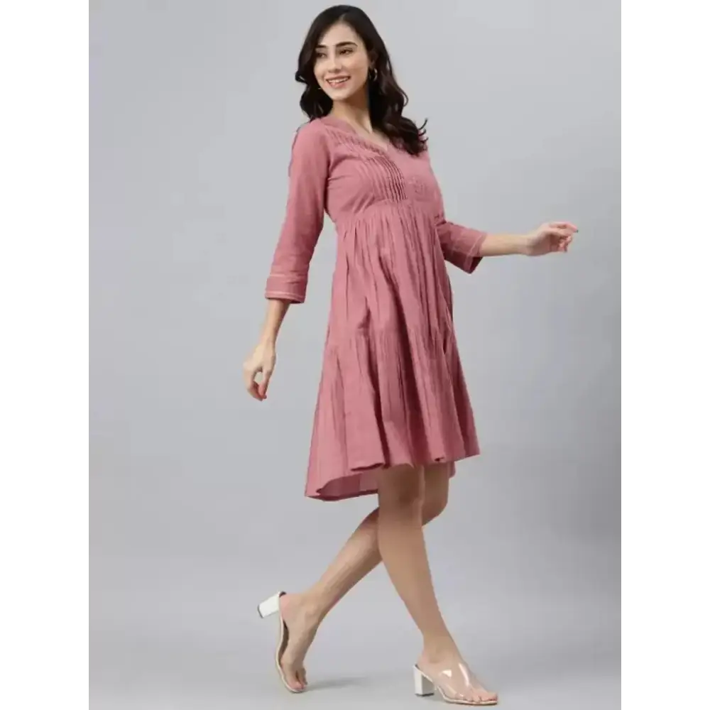 Women Cotton Fit and Flare Pink Dress